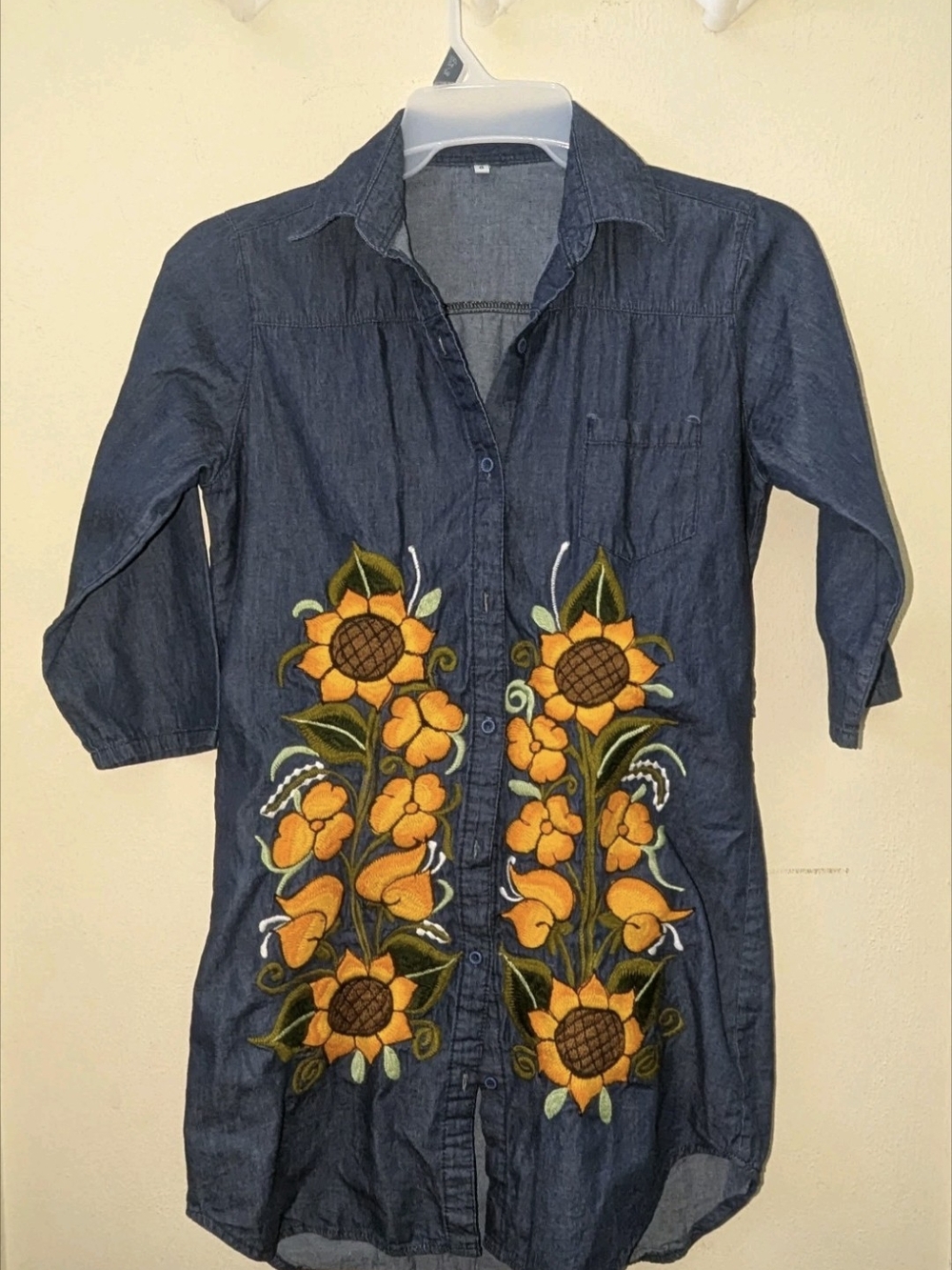 Denim Floral Embroidered Long Shirt Jacket - Yellow Floral